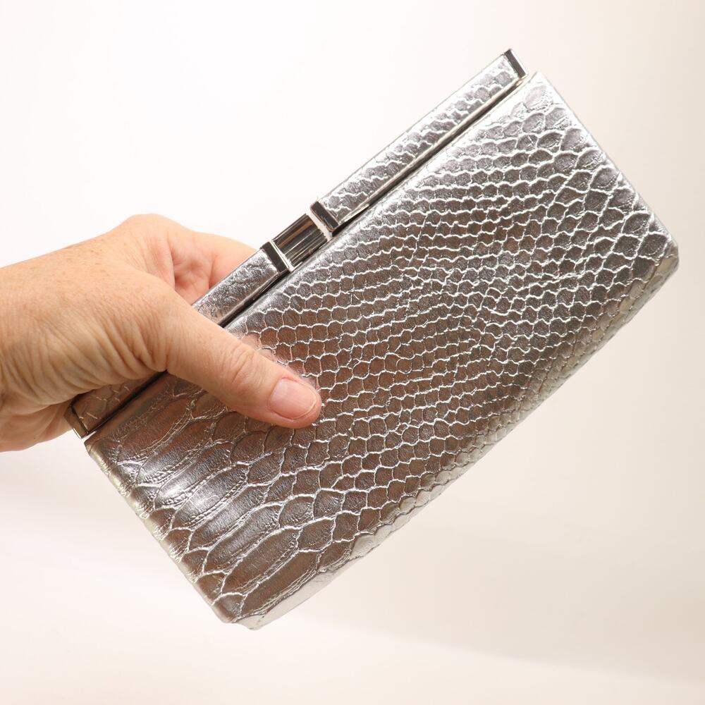Aldo Silver Clutch Handbag S Faux Croc Embossed Leather Hinge Latch LIned